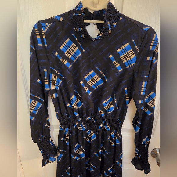 Nanette Lepore Dresses & Skirts - Nanette Lepore High Neck Smocked Scrunch Marina Patchwork Plaid Midi
